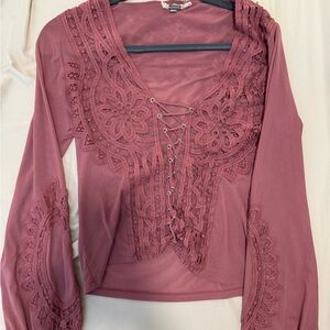 Gimmicks by BKE Lace-Up Embroidered Blouse - Mauve